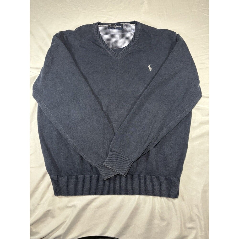 Ralph Lauren Mens Sweater Navy Blue V-Neck Pullover Long Sleeve Silver Pony Logo